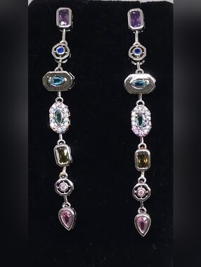 Silver Tone Multi-Gem Drop Earrings - Pink, Purple, Blue and Green